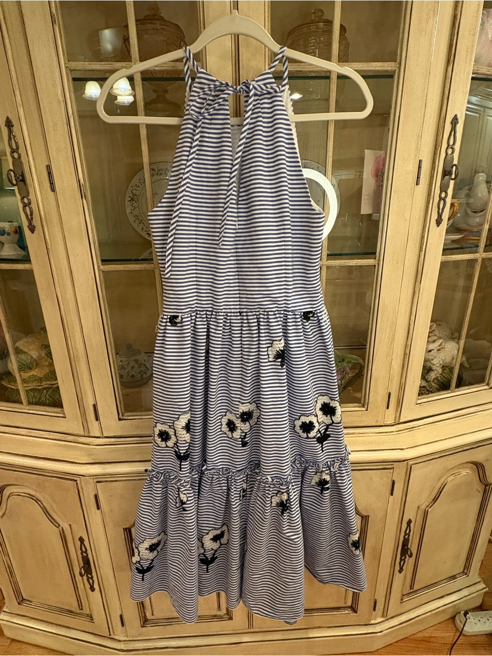 Eliza J Navy & White Striped Floral Tiered Halter Dress - Picture 3 of 8